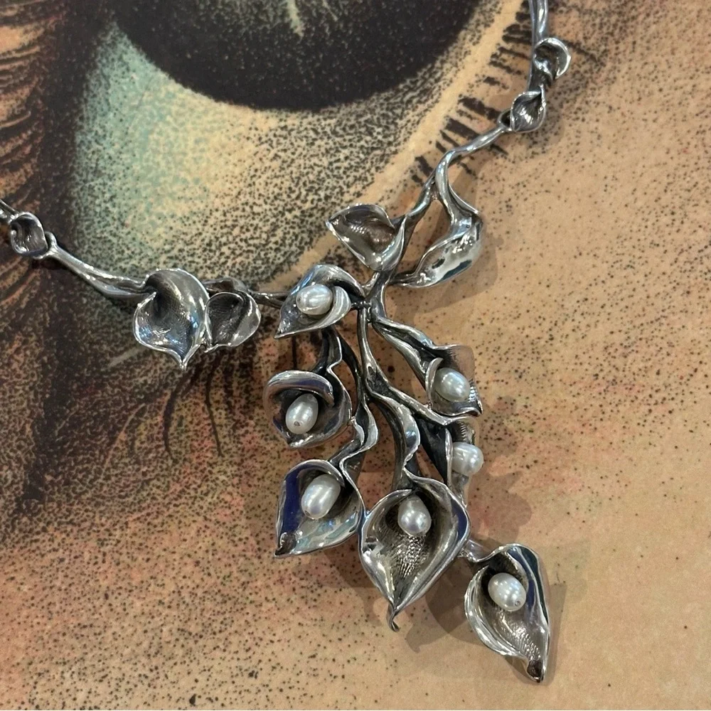 Museum-Quality Huge Artisan Sterling Silver Calla Lily Pearl Statement Necklace